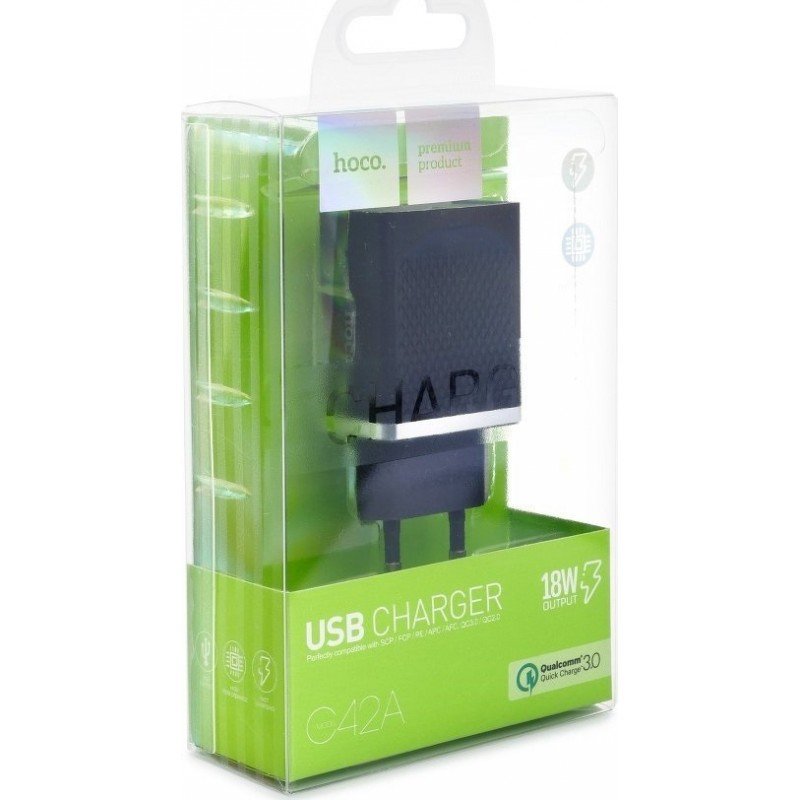 Τροφοδοτικό Πρίζας Power Charger AC 3.6-12V 1.5-3Am Travel Charger Black 18W Hoco C42A