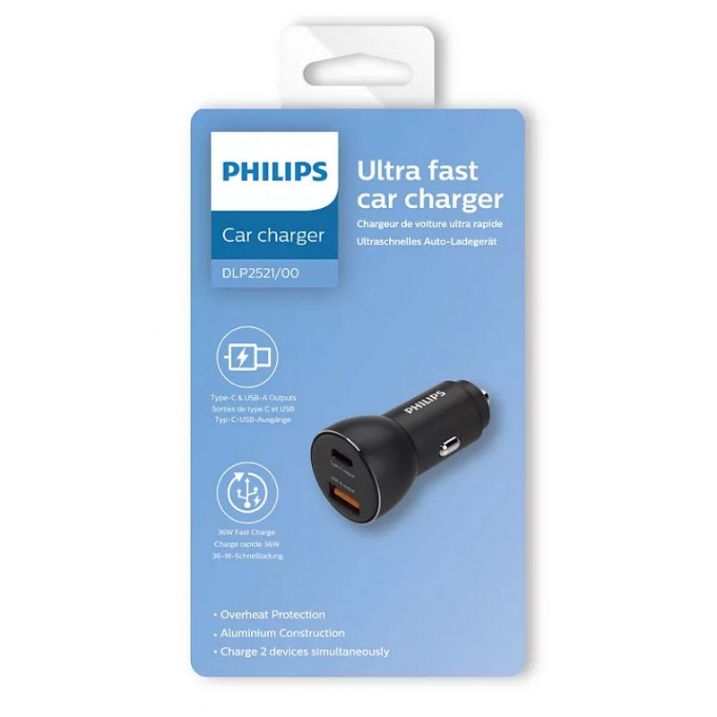 Car Charger Double Port In Type-C & USB 36W Φορτιστής Αυτοκινήτου Philips DLP2521/00