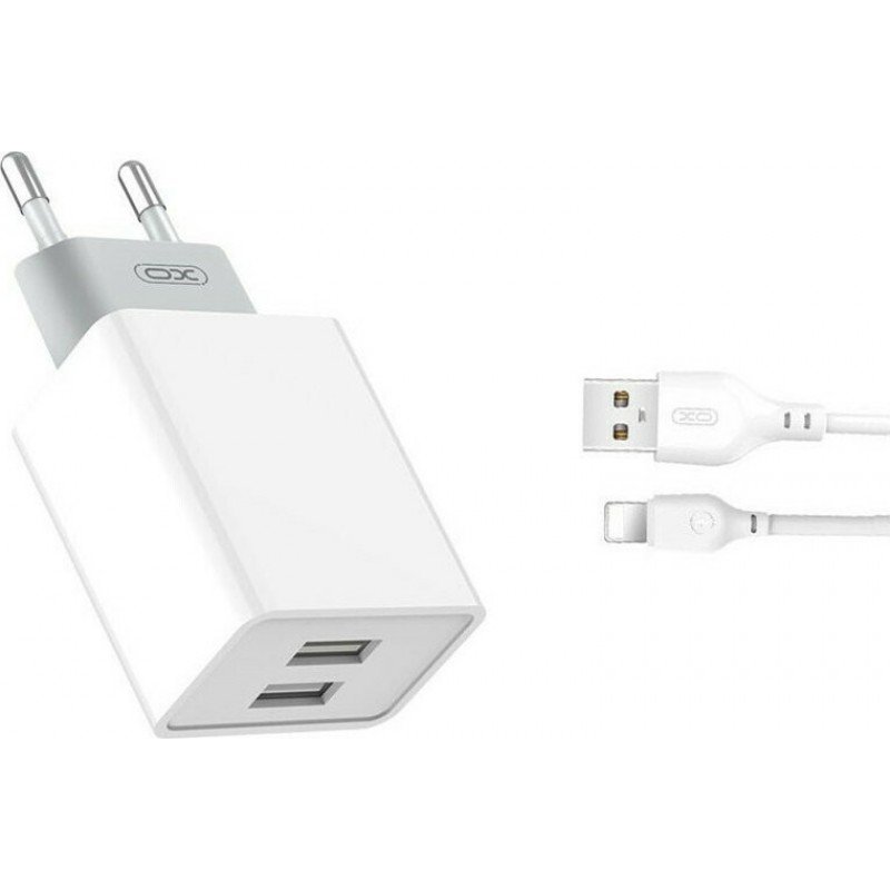 Τροφοδοτικό Πρίζας Λευκό Power Charger AC 2 X USB 5V 2.4A Travel Charger & Lightning Cable White XO-L65EU