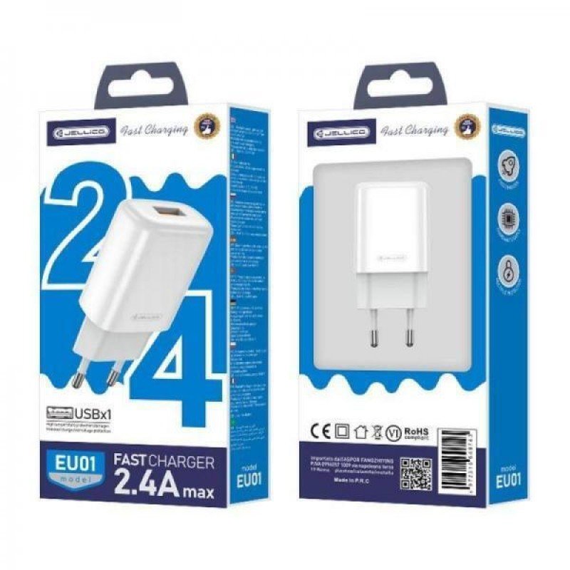 Τροφοδοτικό Πρίζας Λευκό Power Charger AC 5V 2.4A Travel Charger White Jellico EU01