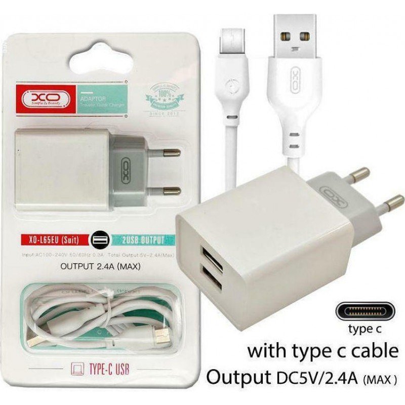 Τροφοδοτικό Πρίζας Λευκό Power Charger AC 2 X USB 5V 2.4A Travel Charger & Type C Cable White XO-L65EU