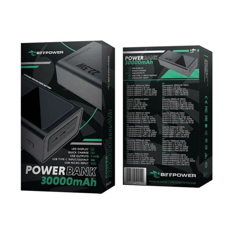 Power Bank Black Beepower BP-30PD 30000mAh 22.5W QC 3.0 Μαύρο