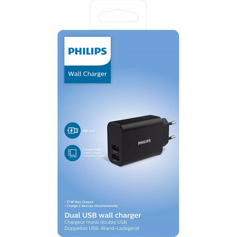 Wall Charger Double Port In Type-C & USB 17W Τροφοδοτικό Πρίζας Μαύρο Philips DLP2620-12