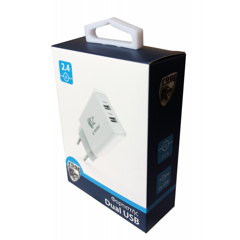 ROAR POWER PLUG CHARGER AC 2 Χ USB 5V 2.4A WHITE TRAVEL CHARGING SUPPLY iPHONE-SMARTPHONE ΤΡΟΦΟΔΟΤΙΚΟ ΠΡΙΖΑΣ ΛΕΥΚΟ PT-498