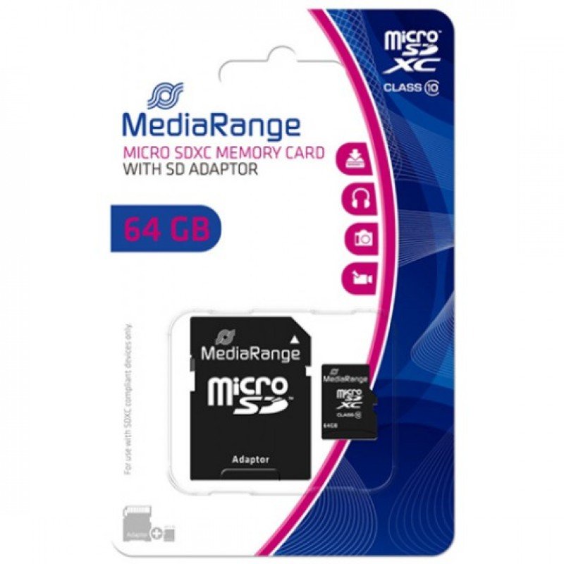 64Gb MEMORY MICRO SD CARD & ADAPTER SD SDXC MEDIARANGE MR955 CLASS 10 ΜΝΗΜΗ